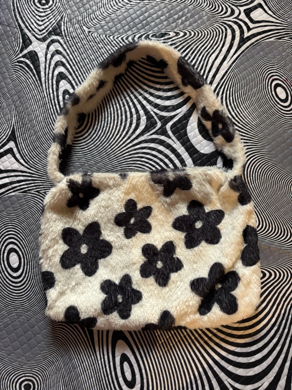 Faux Fur Floral Shoulder Bag in white and Black